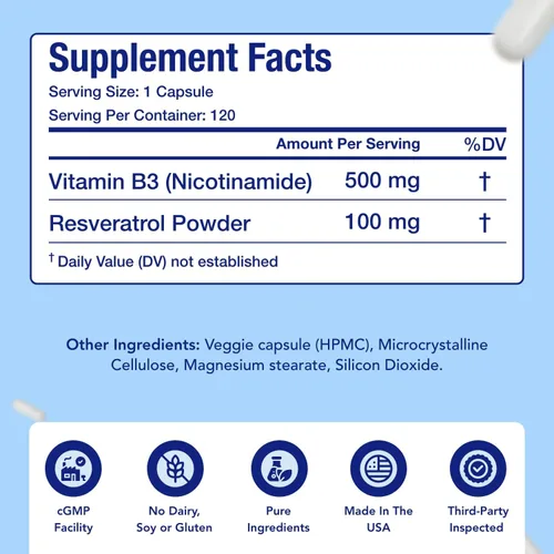 Miniatura 4 de Resveratrol con vitamina B3 Nicotinamida 500mg Precursor NAD+ y complejo de longevidad con forma de nicotinamida de vitamina B3 Niacina sin