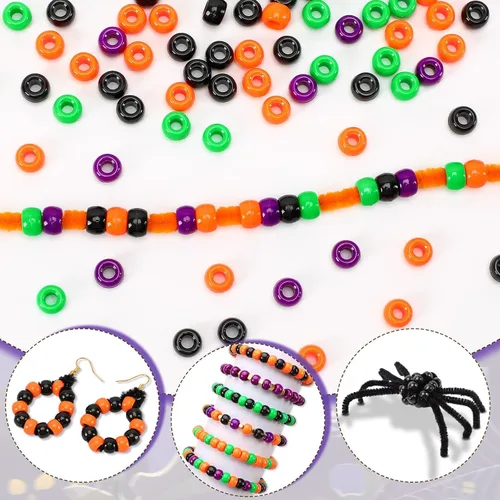 Miniatura 2 de UPINS Cuentas de pony de Halloween, 1200 piezas de cuentas de plástico redondas en negro, púrpura, naranja y verde para hacer joyas, decoración de 4