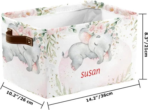 Miniatura 2 de Cesta de almacenamiento personalizada con diseño de elefante y flores rosas con nombre, caja de almacenamiento grande con asas para el hogar
