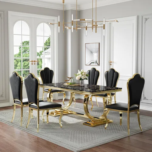 Miniatura 31 de Juego de mesa de comedor de mármol de 70 pulgadas para 6, mesa de cocina grande y sillas de cuero negro, mesas de comedor modernas negras y doradas