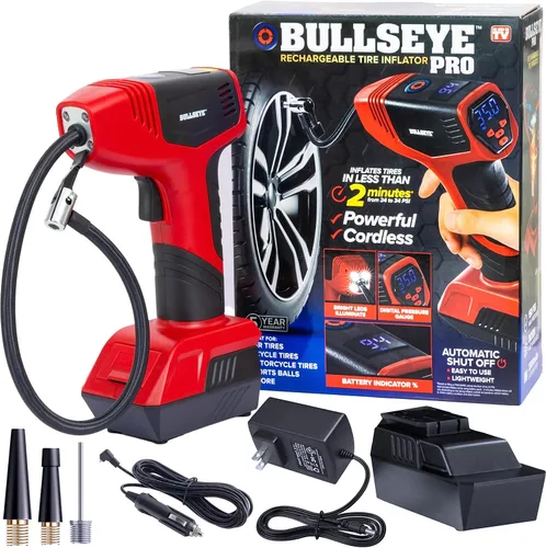 BULLSEYE PRO - Inflador de neumáticos con manómetro, compacto y portátil, apagado automático, 150 PSI máximo, USB recargable para el hogar y cable