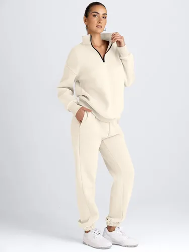 Miniatura 4 de AUTOMET Conjunto deportivo de 2 piezas para mujer, manga larga, media cremallera y pantalones deportivos holgados con bolsillos