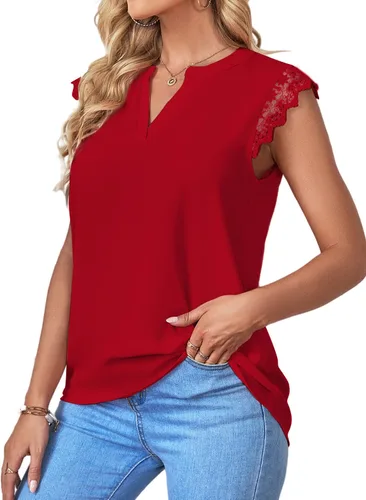 Miniatura 3 de LYANER Blusa elegante sin mangas con cuello en V y ribete de encaje para mujer