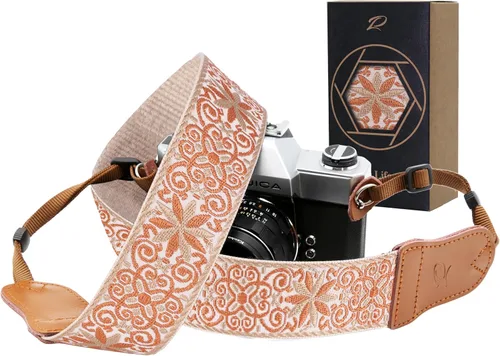 Miniatura 28 de Padwa Lifestyle Correa para cámara de flores marrones, correa de algodón de doble capa de piel de vaca de 2 pulgadas de ancho, bordado jacquard Flor