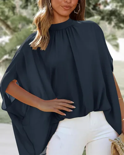 Miniatura 128 de BTFBM Blusas de verano para mujer, cuello alto falso, manga murciélago, holgadas, dobladillo alto y bajo, blusas informales de gran