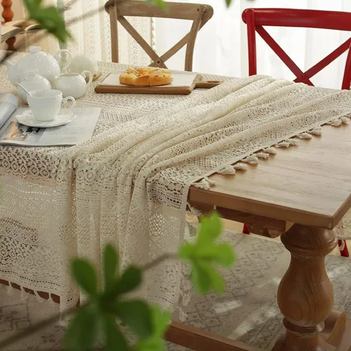 Miniatura 4 de Mantel bordado beige con agujeros de ganchillo con borlas, mantel geométrico de rayas bohemias para fiestas, cumpleaños, comedor, cuadrado, 23 x 23