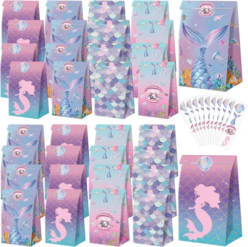 XJLANTTE 40 bolsas de regalo de sirena, bolsas de recuerdo de fiesta bajo el mar con calcomanías para la cola, bolsas de fiesta para niños y niñas