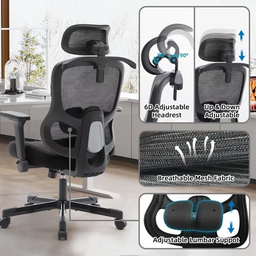 Miniatura 7 de Silla ergonómica de oficina reclinable para juegos, soporte lumbar ajustable, reposabrazos 6D, reposacabezas de malla transpirable, giratorias, Negro
