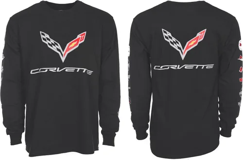 JH DESIGN GROUP Camiseta negra de manga larga Chevy Corvette C7 para hombre, con logotipos en la parte delantera y trasera