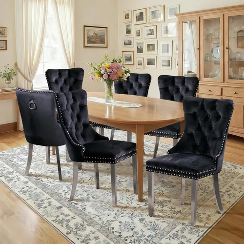 Miniatura 108 de Juego de 4 sillas de comedor de terciopelo, sillas de comedor tapizadas con ribete de cabeza de clavo y patas de madera maciza para cocina