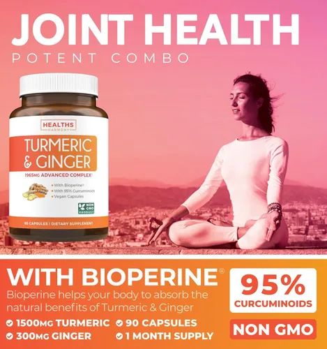 Miniatura 3 de Suplemento de cúrcuma y jengibre (sin OGM), porción de 1980 mg – Curcumina de cúrcuma con bioperina de pimienta negra, extracto de jengibre y 95%