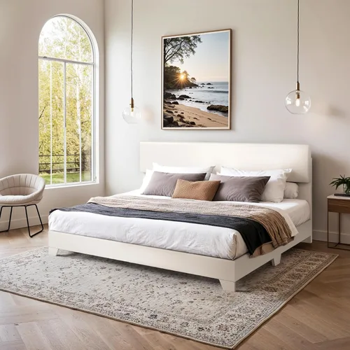 Miniatura 3 de SHA CERLIN Base de cama tamaño King con cabecera ajustable, plataforma tapizada de piel sintética con listones de madera, base de colchón estable