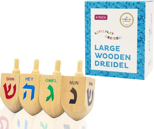 Miniatura 5 de The Dreidel Company Hanukkah Dreidel 4 Dreidels de madera extra grandes de 3 pulgadas pintados a mano, incluye tarjetas de instrucciones de juego