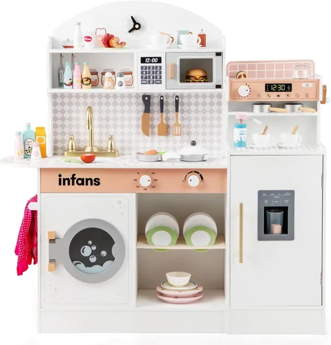 Miniatura 10 de INFANS Juego de cocina para niños, juego de cocina de madera para niños pequeños, juego de juguetes de cocina con cafetera, máquina de hielo, Rosa
