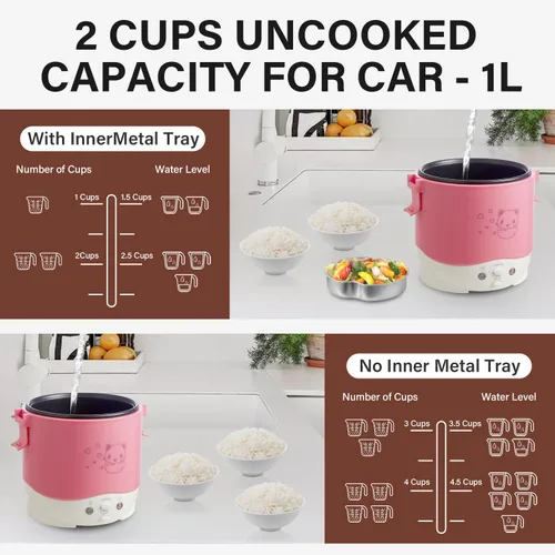Miniatura 3 de OSBA Mini Arrocera, Arrocera de Viaje Pequeña de 1L 12V para Auto, Cocina para Sopa, Papilla y Arroz, Función de Cocinado, Calentamiento