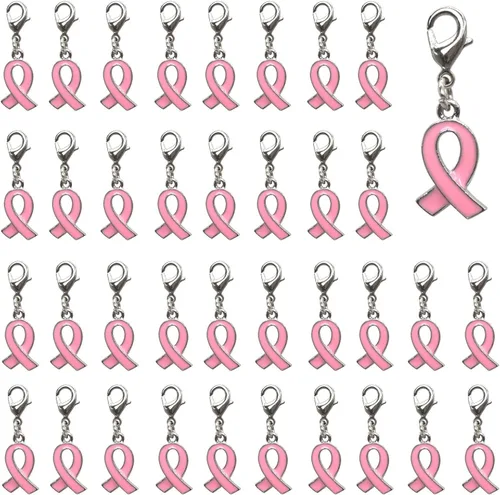 50 dijes colgantes de cinta rosa para concientización sobre el cáncer de mama para la fabricación de joyas de apoyo al cáncer de mama