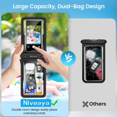 Miniatura 8 de Niveaya Bolsa impermeable para teléfono con doble espacio - 2 unidades, funda impermeable con cordón para iPhone 16/15/14/13/12 Pro Max hasta 8.3