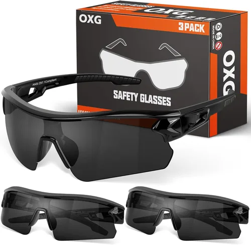 Miniatura 9 de OXG Juego de 3 gafas de seguridad para trabajo para hombres y mujeres, ANSI Z87.1 gafas protectoras resistentes a arañazos e impactos para industria