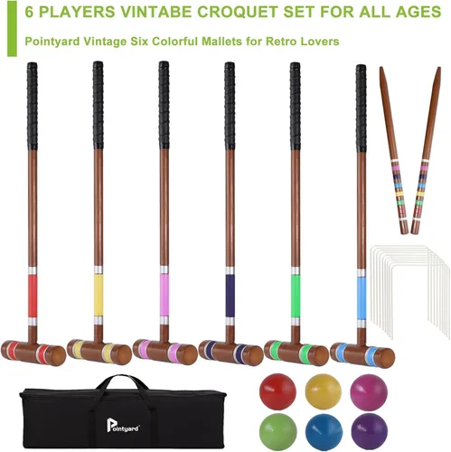 Miniatura 6 de Juego de croquet para seis jugadores, juego de croquet de 71 cm con mazos de madera, bolas de colores, mechas, estacas