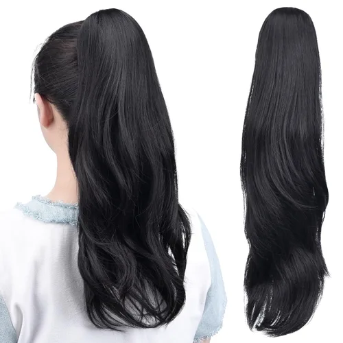 Miniatura 43 de Extensiones de cola de caballo, extensiones de cabello rizado con clip de garra de color marrón oscuro para mujer, peluca sintética de cola