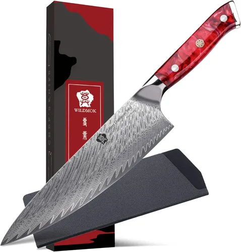 Miniatura 10 de WILDMOK Cuchillo de chef de Damasco, cuchillos de chef japoneses de 8 pulgadas, cuchillo de cocina con mango de resina, cuchillos afilados
