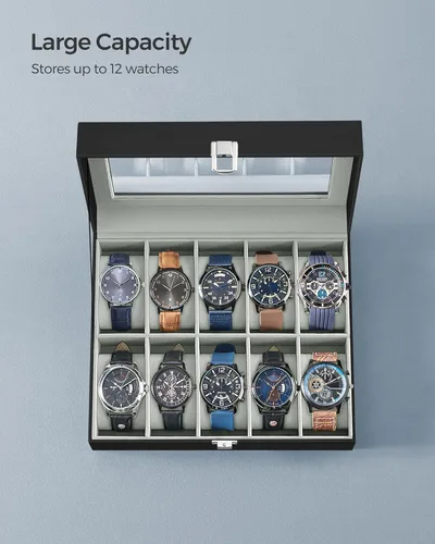 Miniatura 5 de SONGMICS Caja de reloj, caja de reloj de 10 ranuras con tapa de vidrio grande, almohadas extraíbles para reloj, organizador de caja de reloj, regalo