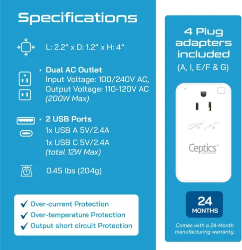 Miniatura 5 de Ceptics Convertidor de voltaje reductor de 200 W – Convertidor de voltaje de 220 V a 110 V para rizador, alisador, cargador – Carga rápida USB-A y C