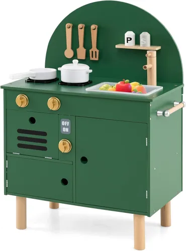 Costzon Juego de cocina para niños, cocina con estufas, grifo, fregadero, microondas, gabinete, horno y accesorios de cocina, cocina de madera para