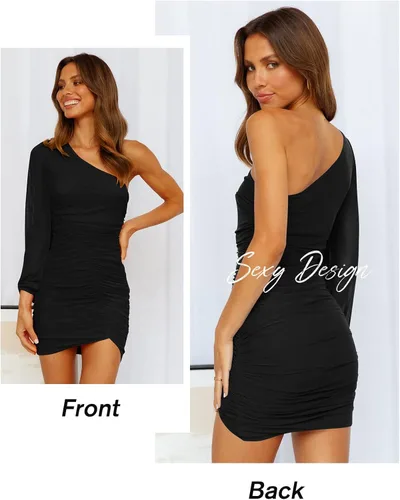 Miniatura 7 de MASCOMODA Vestido de manga larga sexy con un hombro descubierto para mujer, vestido corto fruncido de malla de manga larga sexy elástico para fiesta