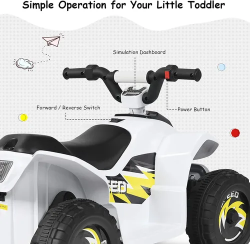 Miniatura 3 de HOMGX - Cuatrimoto para niños, mini cuádruple eléctrico con ruedas antideslizantes, 4 ruedas alimentadas por batería de 6 V para niños con 2 Blanco