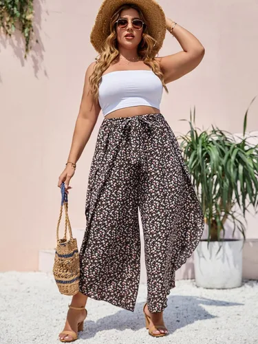 Miniatura 4 de MakeMeChic Pantalones de pierna ancha con cintura alta y lazo frontal para mujer, talla grande