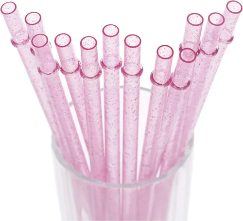 Dakoufish Sin BPA 12 Piezas Pajitas Reutilizables de Plástico Transparente con Purpurina de 11 Pulgadas Más un Cepillo de Limpieza (Rosa, 11 Rosado