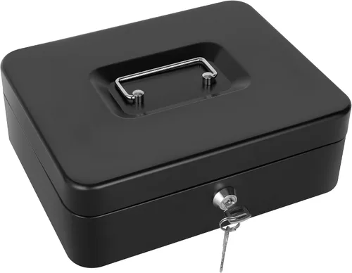 Caja de dinero con cerradura y bandeja de dinero, caja de dinero de metal, caja grande para dinero 9.84 x 7.87 x 3.54 pulgadas, color negro