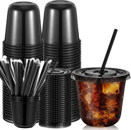 Ziliny Juego de 50 vasos de plástico transparente de 10 onzas con tapas y pajitas, tazas de café helado desechables para mascotas para beber bebidas