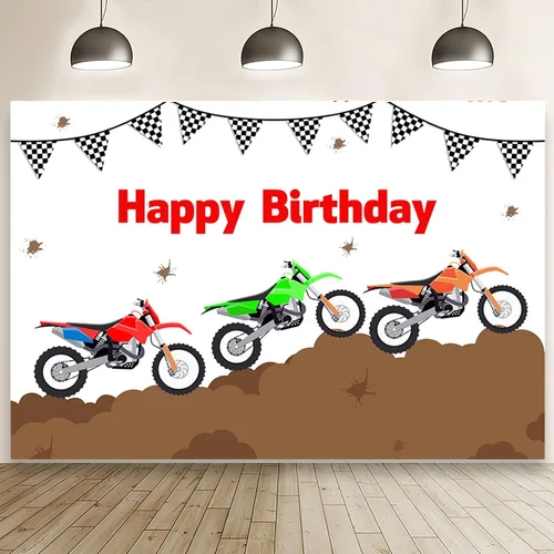 Miniatura 2 de AIBIIN Telón de fondo de cumpleaños de motocicleta de 7 x 5 pies para niños, carreras de moto, banderas de fiesta de cumpleaños, decoración