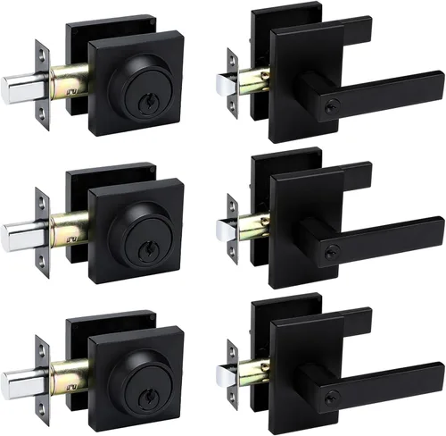 Miniatura 14 de Juego de cerraduras negras para puerta exterior, juego de cerraduras de puerta delantera con cerrojo de seguridad, juego de cerraduras cuadradas