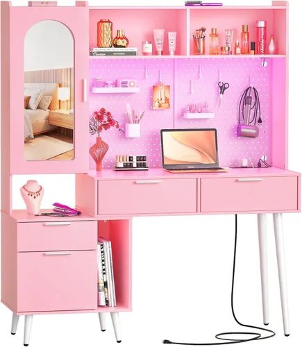 Miniatura 10 de Armocity Tocador de maquillaje de 48 pulgadas con aparador, tocador de dormitorio blanco con estación de carga y LED, mesa de tocador alta