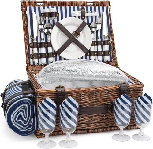 Cesta de picnic para 4 personas – Cestas con hielera y manta de picnic, cesta de picnic clásica de mimbre con alfombrilla de playa impermeable y a