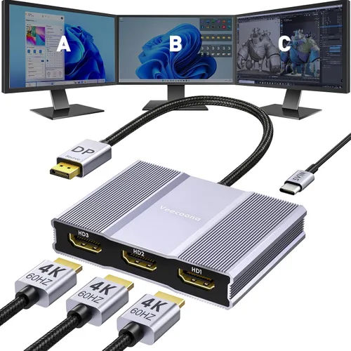 Adaptador DisplayPort a HDMI 1 en 3 salidas | 4K60Hz, divisor de puerto de pantalla extendida a divisor de puerto de pantalla extendida para 3