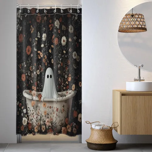 LB Cortina de ducha pequeña de fantasma de Halloween de 48 x 68 pulgadas, forro de cortina de ducha de tamaño medio floral naranja, divertidas