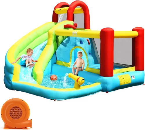 Miniatura 10 de HONEY JOY Tobogán acuático inflable y casa de rebote con piscina de chapoteo, pared de escalada, tobogán acuático inflable para interiores