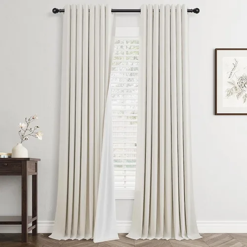 Beige White Linen Blackout Curtains 84 Length 2 Panels Set for Living Room Bedroom, 100% Black Out Thermal Insulated Linen Drapes, Room Darkening
