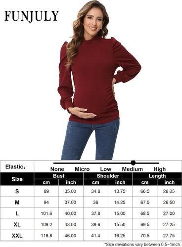 Miniatura 7 de Camiseta de maternidad de punto acanalado para mujer, casual, cuello alto, manga larga, fruncida, túnica para mujeres embarazadas