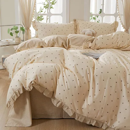 Miniatura 25 de HighBuy Juego de funda de edredón vintage con volantes y estampado de rayas francesas, 100% algodón con cierre de cremallera, juego de ropa de cama
