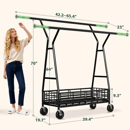 Miniatura 7 de Raybee Perchero resistente de alta capacidad 285KG, perchero para ropa con varillas dobles y cesta de almacenamiento, perchero portátil para ropa