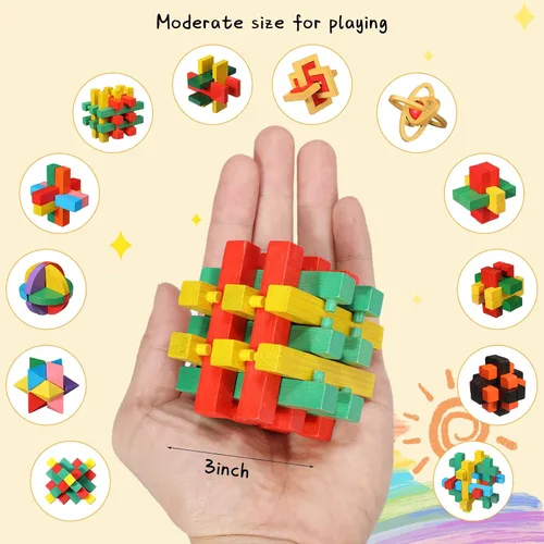 Miniatura 4 de Syhood Juego de 12 piezas de rompecabezas de madera para el cerebro 3D IQ Challenge Toy Games Logic Mind Smart Puzzle Box Lock Toy Brain Teaser