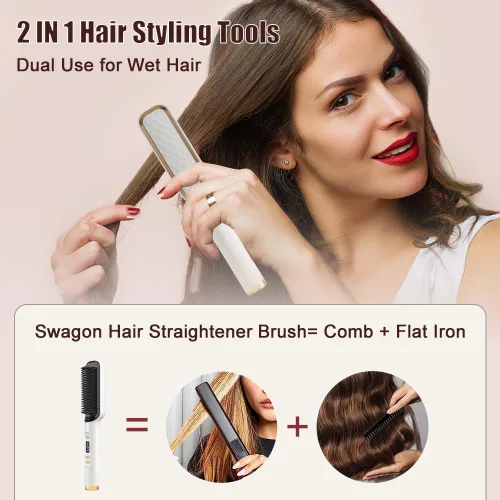Miniatura 2 de Swagon Cepillo alisador de cabello aniónico, peine alisador de cabello de iones negativos, peine de anillo de cepillo caliente con pantalla LED