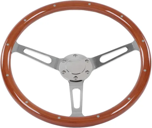 Miniatura 10 de Volante clásico, volante universal de grano de madera de 14.961 in/15 pulgadas, agarre de nogal con 3 radios remachados 6 agujeros, modificación