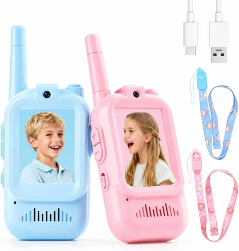 Miniatura 10 de Walkie Talkies de video para niños, paquete de 2 walkie talkies para niños con bonita cubierta de silicona, cambiador de voz, rango de 1000 pies