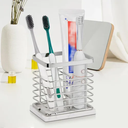 Miniatura 7 de Soporte para cepillos de dientes, lujoso soporte de metal para cepillo de dientes y pasta de dientes con base de mármol para baño, diseño calado